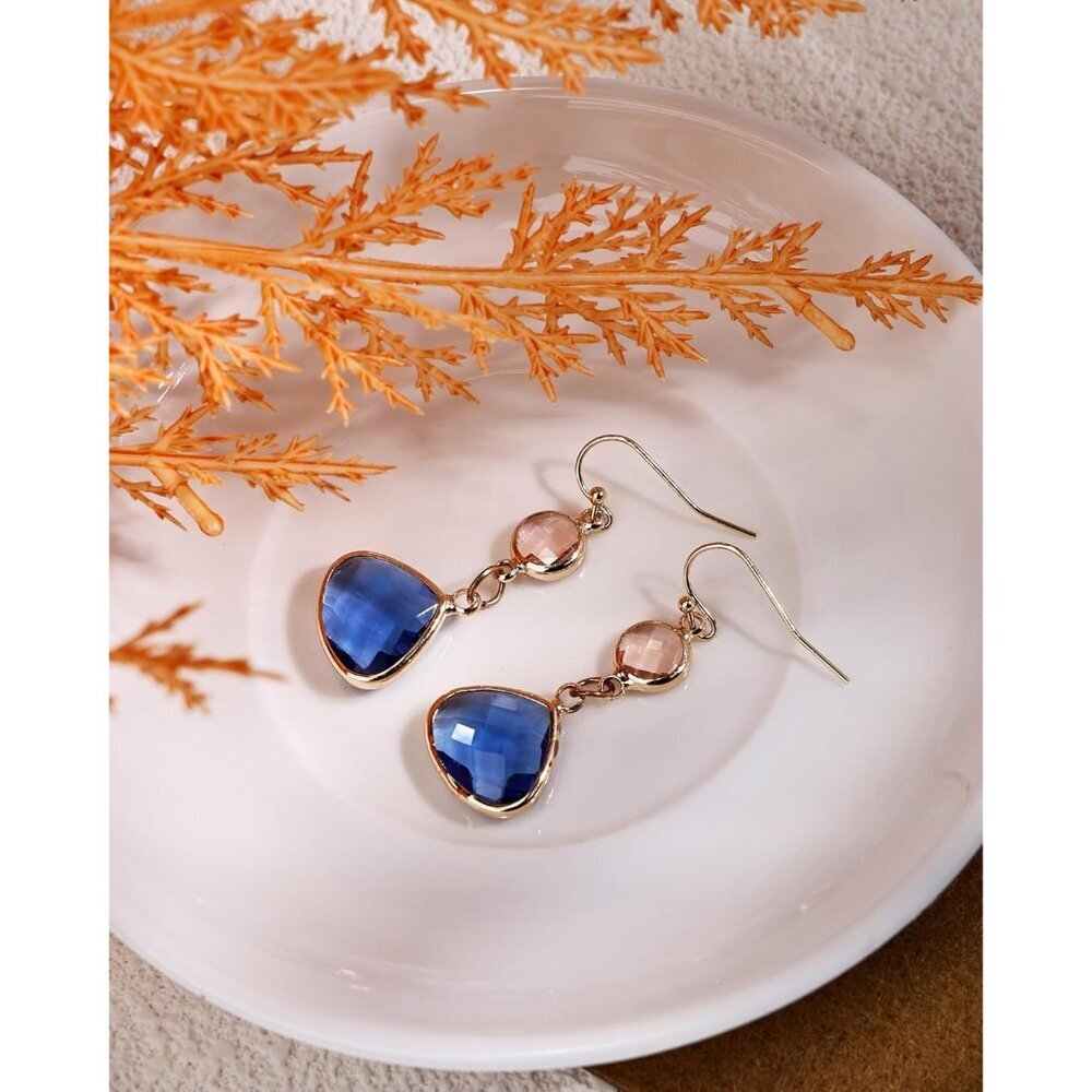 Sapphire Blue Dangle Earrings Blue Topaz Gold Handmade Aquamarine Drop Earrings - Picture 6 of 7
